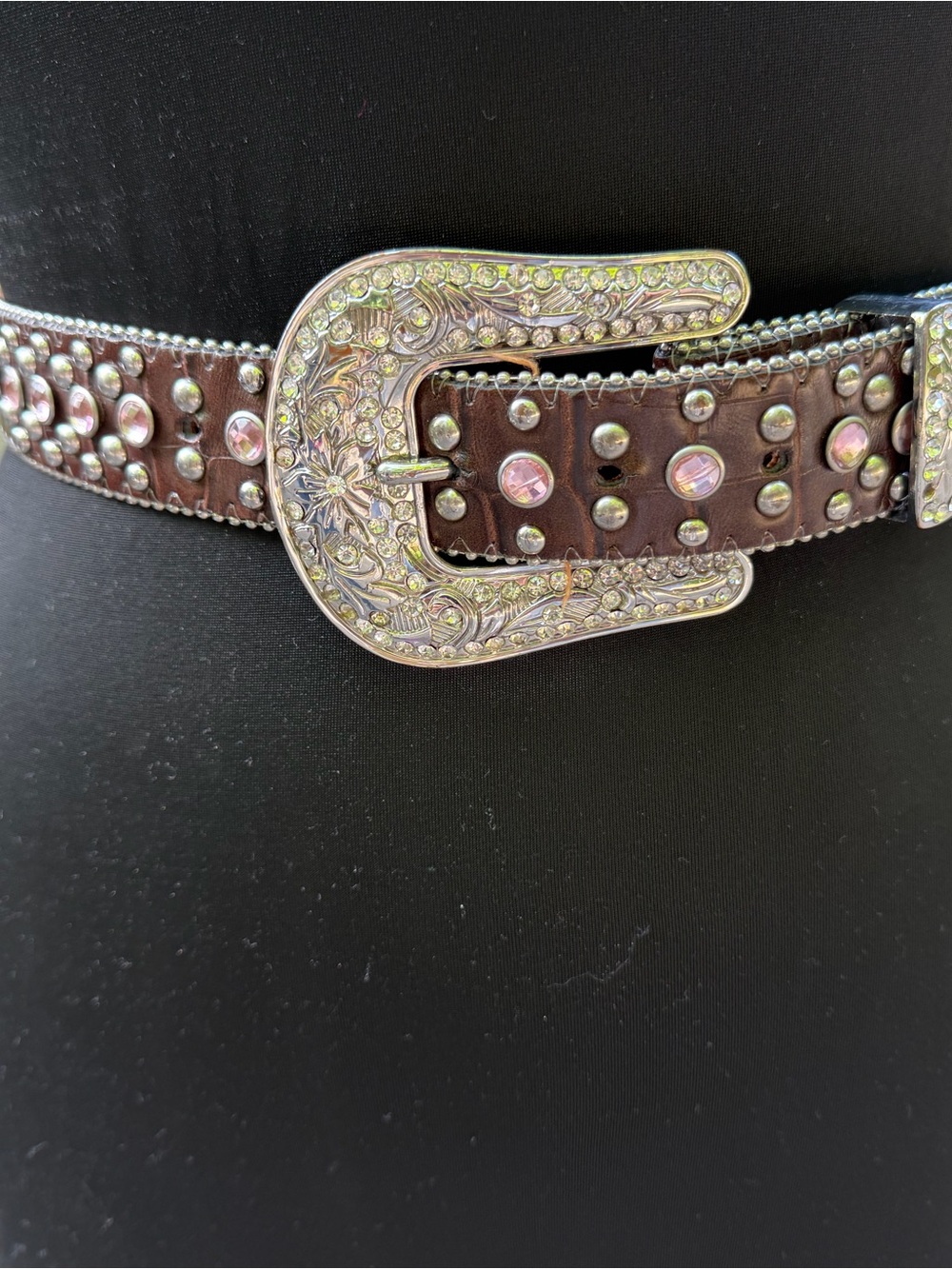 Youth Size Brown Studded Western-Style Belt with Ornate Silver Buckle